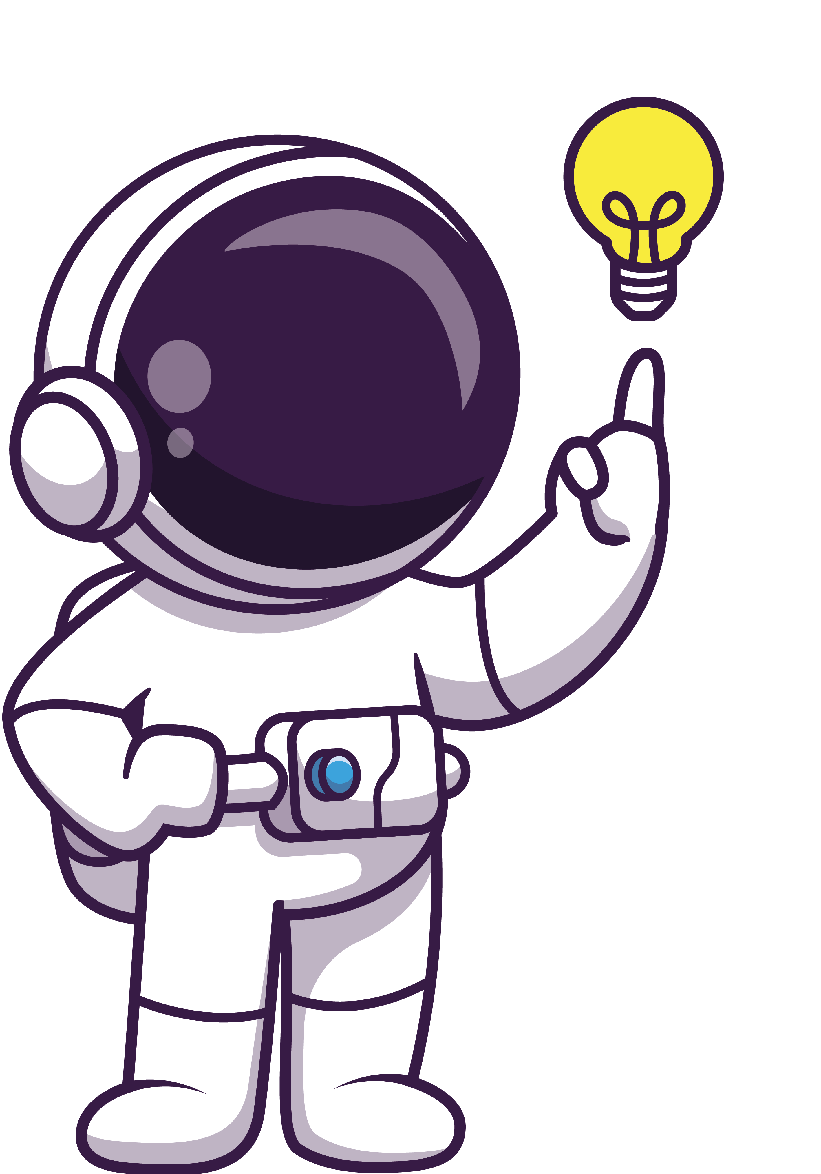 Ein Astronaut mit erhobenem Zeigefinder, über dem eine Glühbirne schwebt.